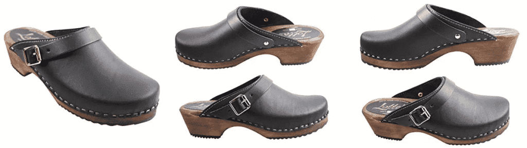 Lotta From Stockholm Swedish Classic Clog with Strap in Black with Brown Sole